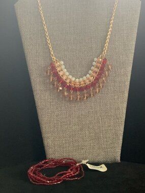 Gold Tone Red‎ White Bead Necklace & Red Stretch Bracelets